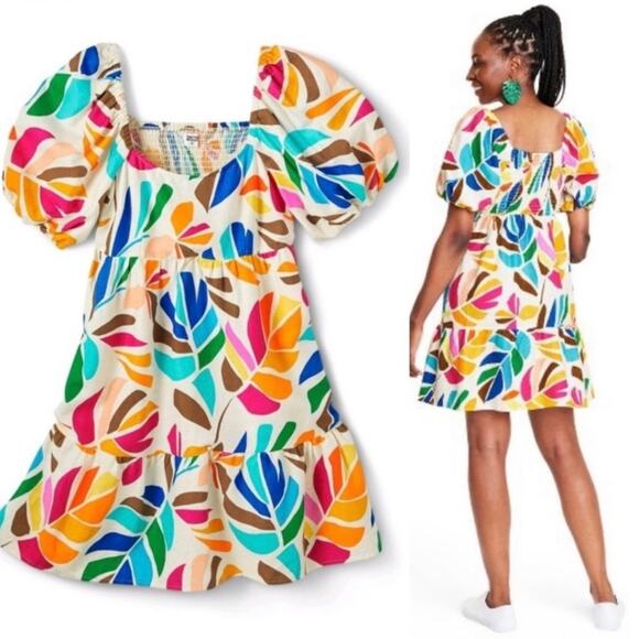 Tabitha Brown Linen Blend Botanical Smocked Puff Sleeve Tiered Dress Size Medium - Picture 8 of 14